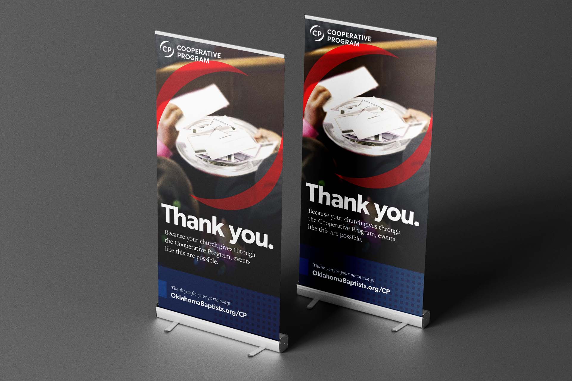A roll-up pop-up banner thanking event attendees for supporting the Cooperative Program through their church.