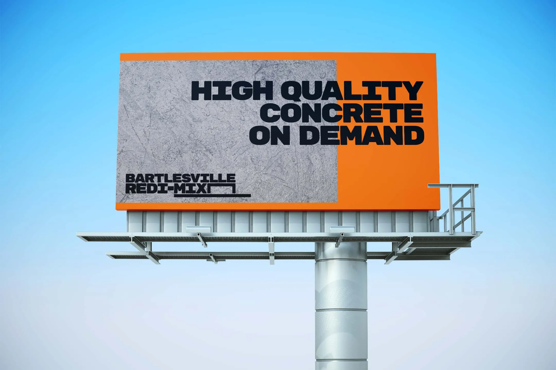 An orange billboard with a wide lockup of the Bartlesville Redi-Mix logo concept