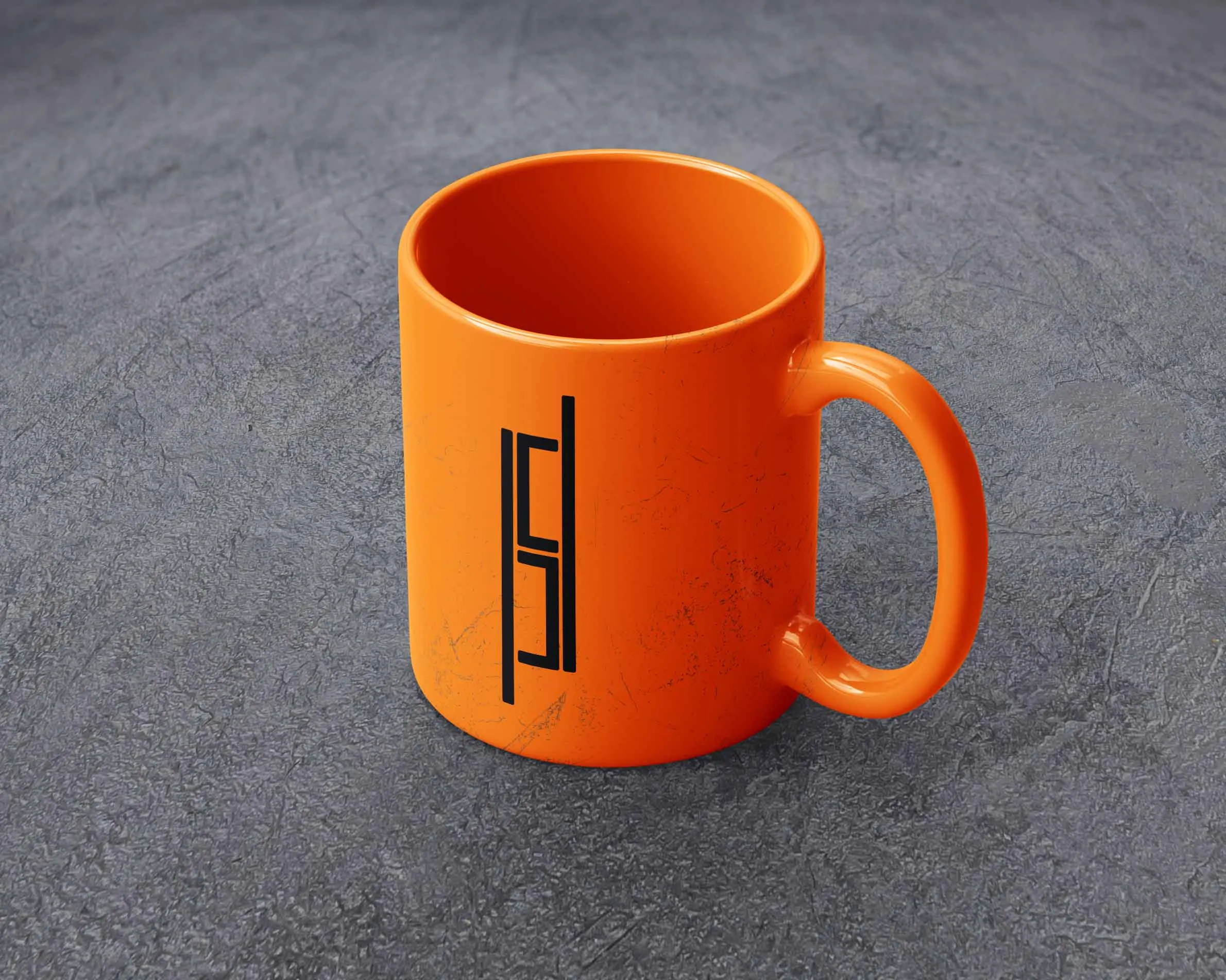 An orange mug with a stacked lockup of the Bartlesville Redi-Mix logo concept