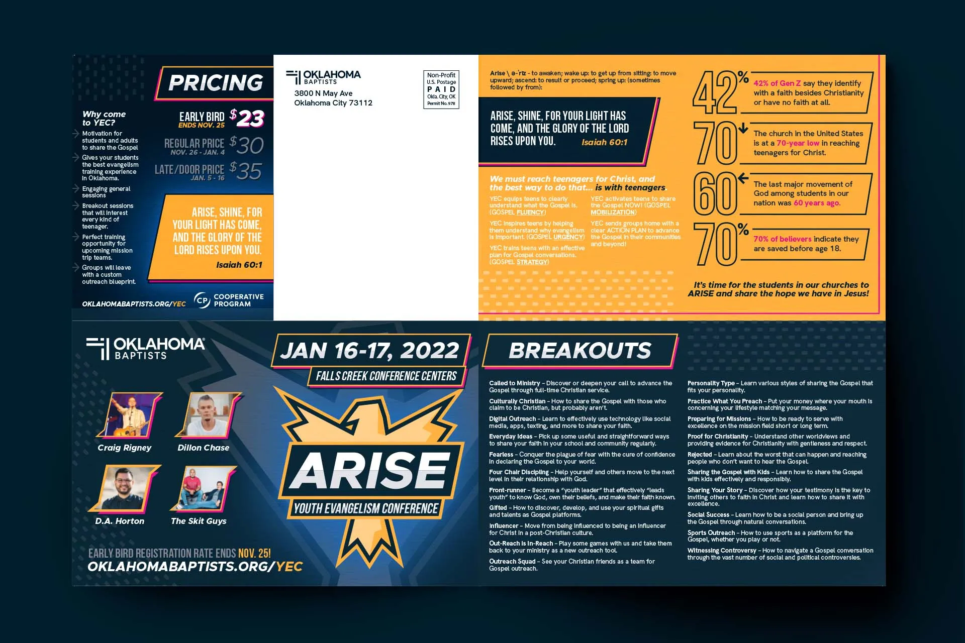 The back of the poster mailer with details about registration and pricing.